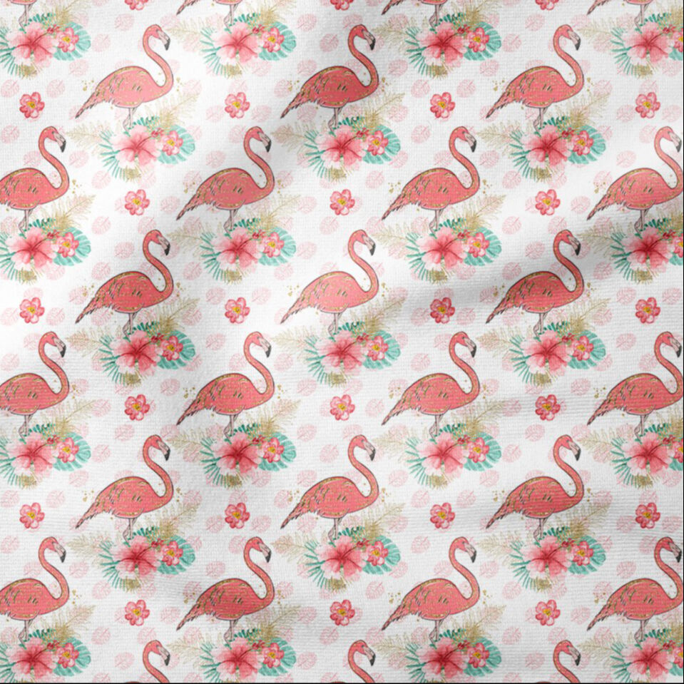 Yaprak Zeminli Altın Yaldızlı Pembe Flamingo Çiçek Desenli Dijital Baskı Kumaş