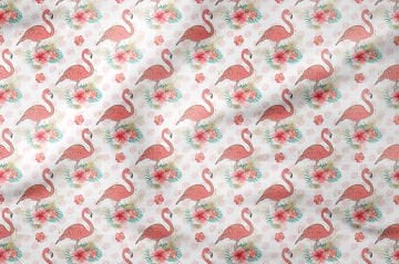 Yaprak Zeminli Altın Yaldızlı Pembe Flamingo Çiçek Desenli Dijital Baskı Kumaş