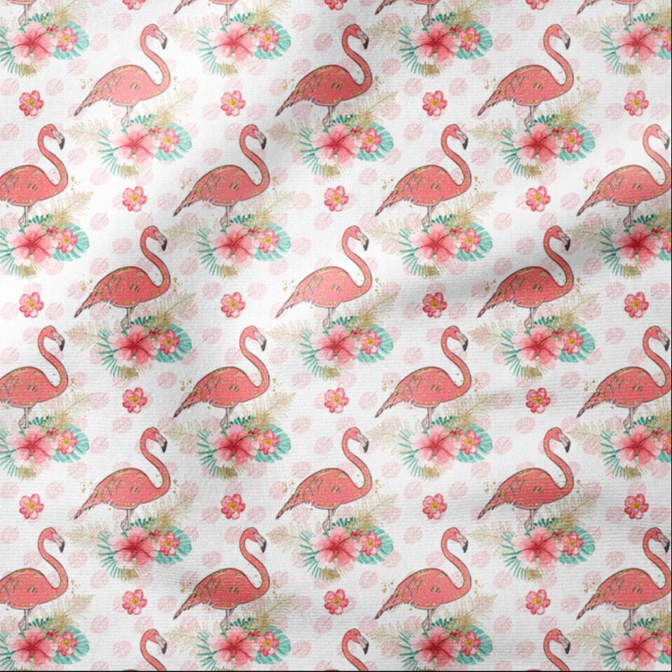 Yaprak Zeminli Altın Yaldızlı Pembe Flamingo Çiçek Desenli Dijital Baskı Kumaş