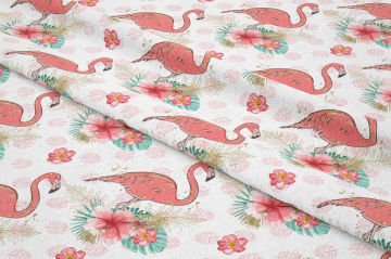 Yaprak Zeminli Altın Yaldızlı Pembe Flamingo Çiçek Desenli Dijital Baskı Kumaş