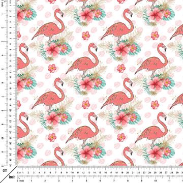 Yaprak Zeminli Altın Yaldızlı Pembe Flamingo Çiçek Desenli Dijital Baskı Kumaş