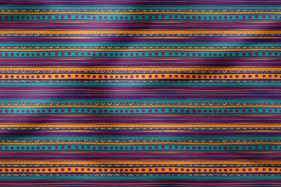 Sarı Turkuaz Mor Tonlarda Etnik Desenli Dijital Baskılı Kumaş