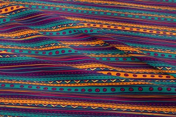 Sarı Turkuaz Mor Tonlarda Etnik Desenli Dijital Baskılı Kumaş