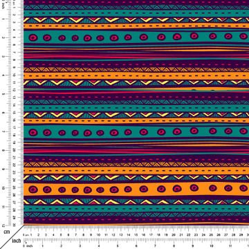 Sarı Turkuaz Mor Tonlarda Etnik Desenli Dijital Baskılı Kumaş