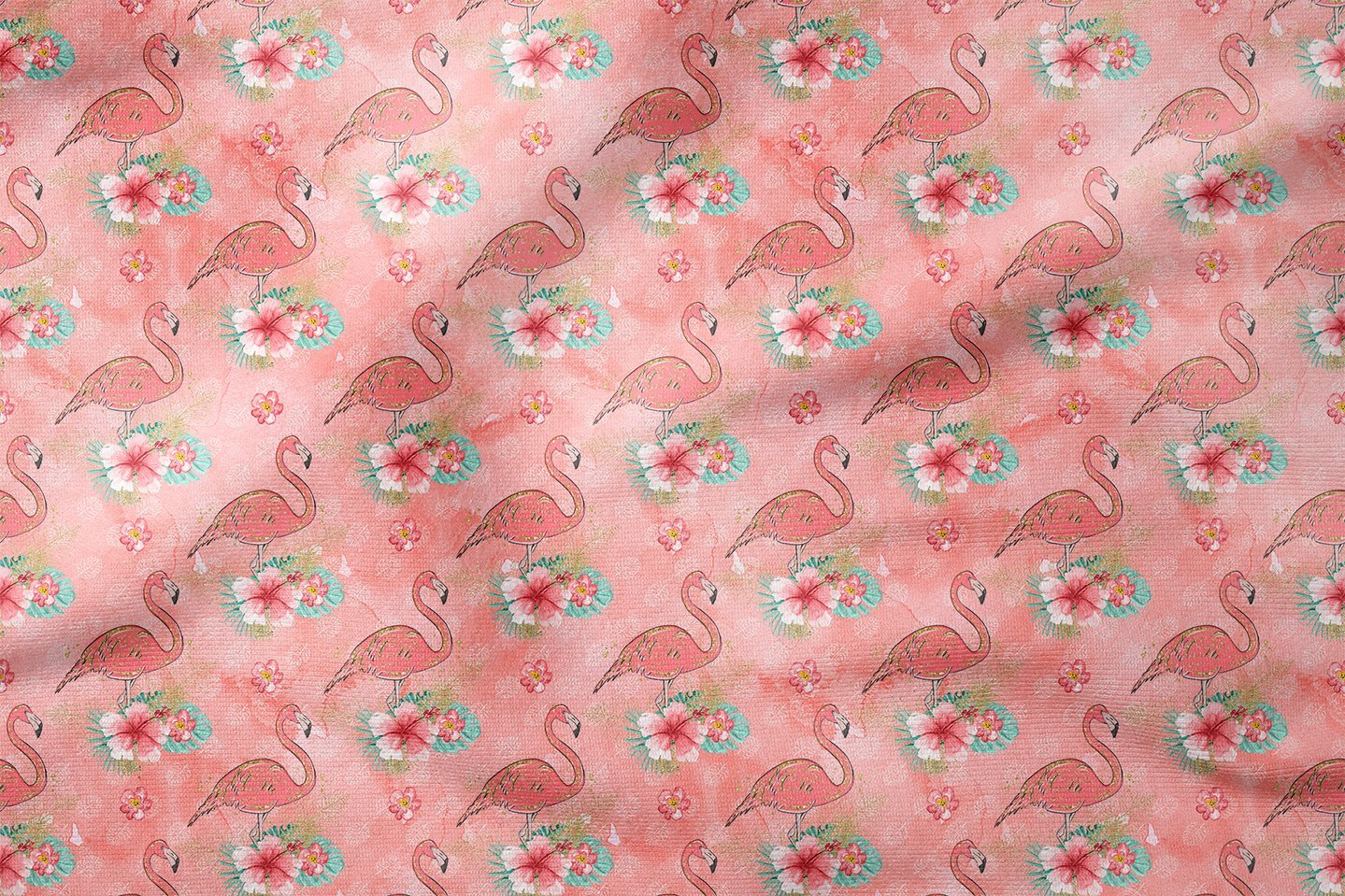 Pink Leaf Background Gold Gilded Floral Flamingo Pattern Digital Print Fabric