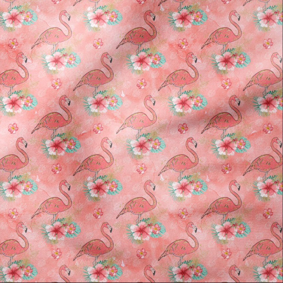 Pembe Yaprak Zeminli Altın Yaldızlı Çiçekli Flamingo Desenli Dijital Baskı Kumaş