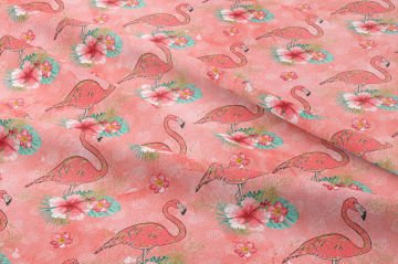 Pembe Yaprak Zeminli Altın Yaldızlı Çiçekli Flamingo Desenli Dijital Baskı Kumaş