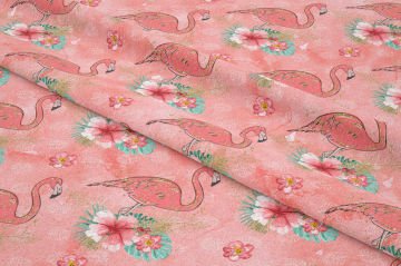 Pembe Yaprak Zeminli Altın Yaldızlı Çiçekli Flamingo Desenli Dijital Baskı Kumaş