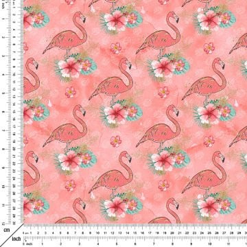 Pink Leaf Background Gold Gilded Floral Flamingo Pattern Digital Print Fabric