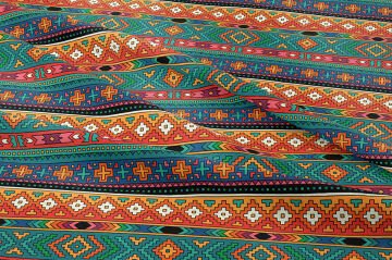 Mavi Sarı Turuncu Tonlarda Renkli Etnik Desenli Dijital Baskılı Kumaş
