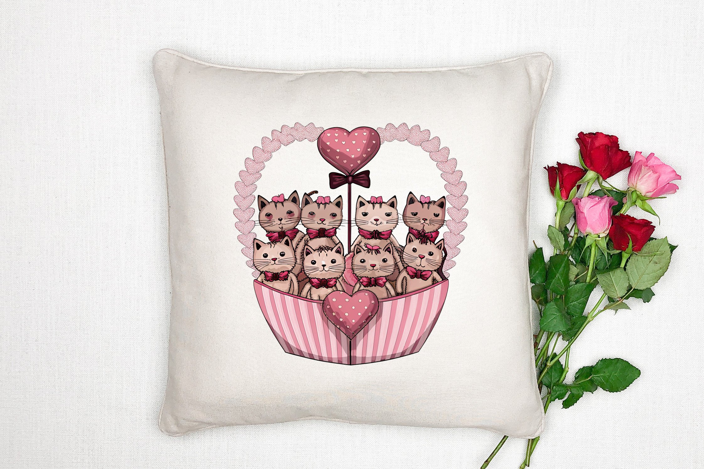 Sevgililer Günü Koleksiyonu - Kedi Aşkı Temalı 2'li Kırlent Paneli Dikilmemiş Kumaş