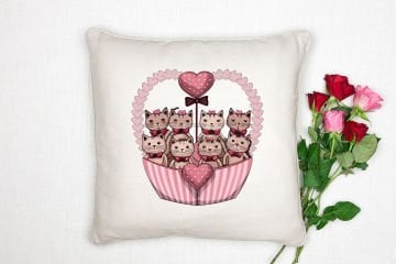 Коллекция ко Дню святого Валентина - Подушка из двух частей с тематикой «Кошачья любовь», несшитая ткань