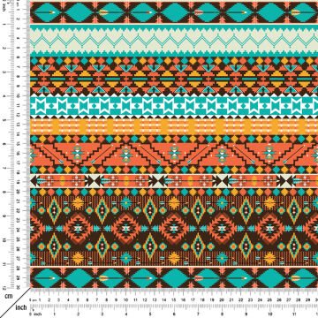 Turkuaz Kahve Turuncu Etnik Desenli Dijital Baskılı Kumaş
