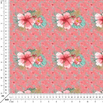 Pembe Zeminli Altın Yaldızlı Yapraklı Çiçek Desenli Dijital Baskı Kumaş