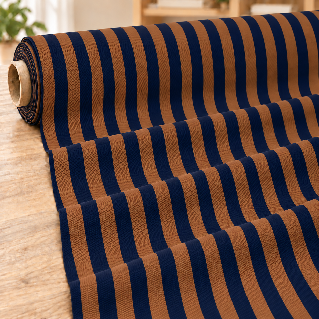 Lacivert Taba Çizgili Kumaş – Modern Dekoratif Çizgi Desenli Kumaş