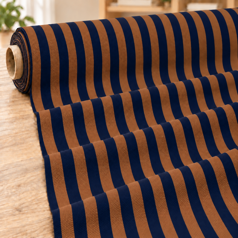 Lacivert Taba Çizgili Kumaş – Modern Dekoratif Çizgi Desenli Kumaş