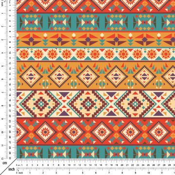 Turuncu Turkuaz Kahve Tonlarda Etnik Desenli Dijital Baskılı Kumaş