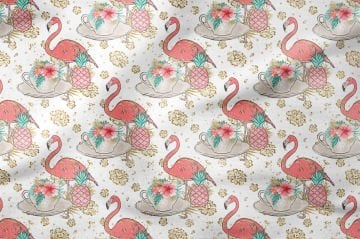 Çiçek Zeminli Altın Yaldızlı Ananaslı Fincanlı Flamingo Desenli Dijital Baskı Kumaş