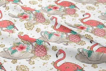 Çiçek Zeminli Altın Yaldızlı Ananaslı Fincanlı Flamingo Desenli Dijital Baskı Kumaş