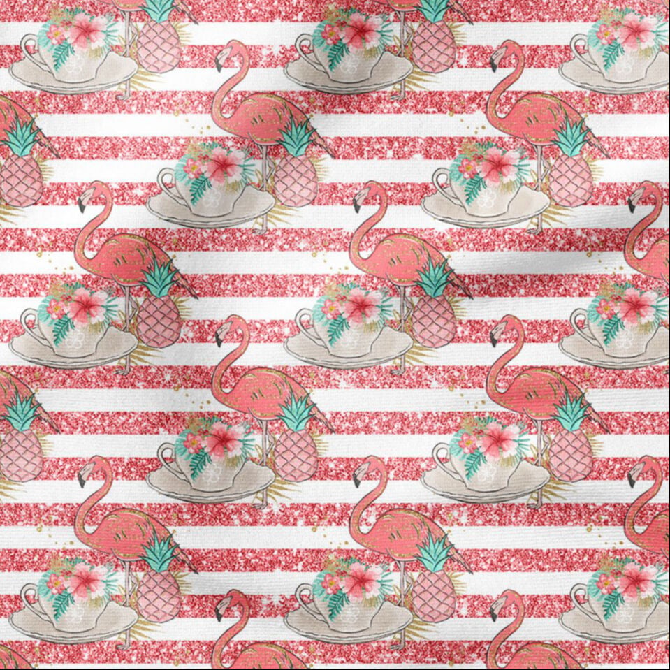 Pembe Yaldız Şeritli Çiçekli Flamingo Desenli Dijital Baskı Kumaş