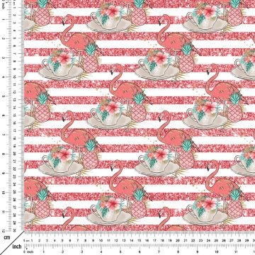 Pembe Yaldız Şeritli Çiçekli Flamingo Desenli Dijital Baskı Kumaş