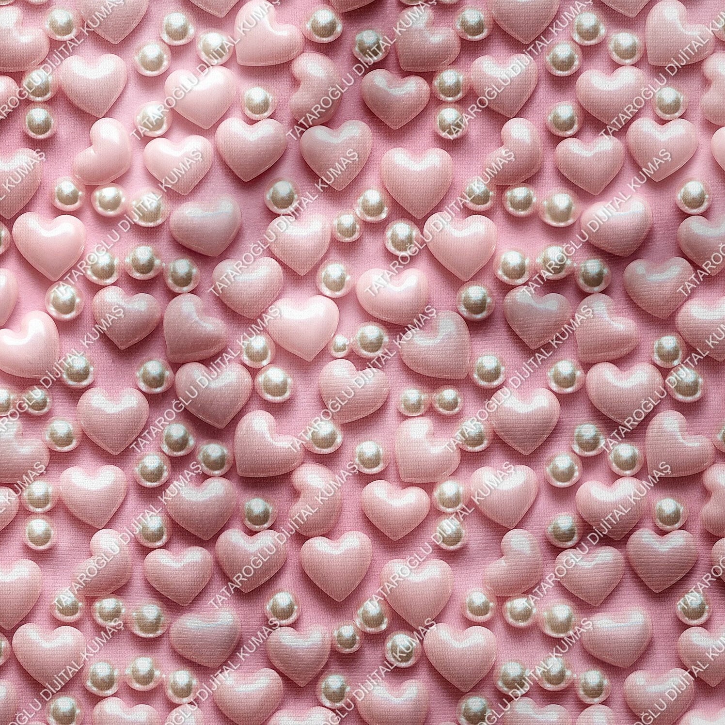 Sevgililer Günü Koleksiyonu- 3d Pembe Kalpler ve İnci Taneleri Çok Amaçlı Dekoratif Kumaş