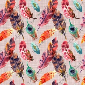 Pink Linen Effect Ground Colorful Bird Feather Patterned Digital Printed Fabric (FALL SALE)