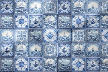 Seramik Görünümlü Deniz Temalı Çini Desenli Dekoratif Kumaş