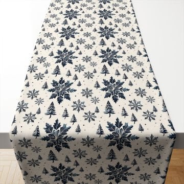 Yılbaşı Koleksiyonu- Vintage Yılbaşı Kar Taneleri Runner Dikişsiz Panel Kumaş