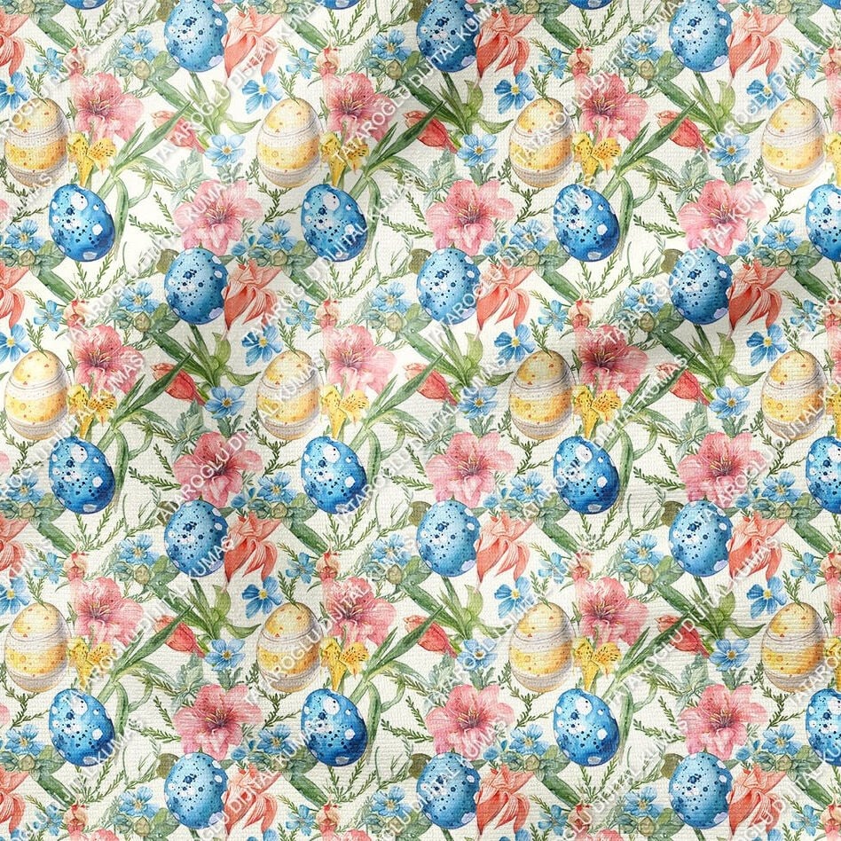 Happy Easter / Paskalya Çiçekler İçinde Yumurtalar Çok Amaçlı Dekoratif Tasarım Dijital Baskı Kumaş