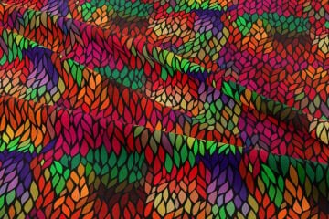 Siyah Zemin Üzerine Renkli Geometrik Yaprak Deseni Baskılı Kumaş