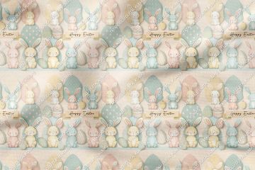 Happy Easter / Paskalya Sevimli Yumurta ve Tavşanlar Çok Amaçlı Dekoratif Tasarım Dijital Baskı Kumaş