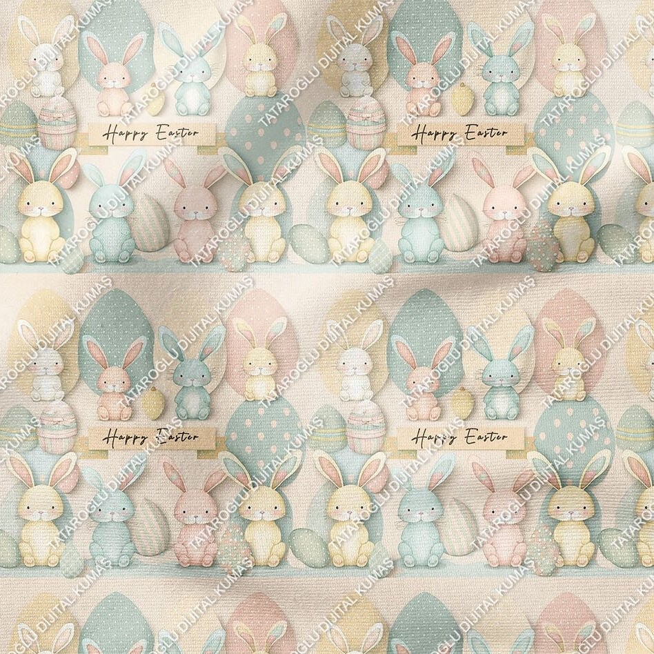Happy Easter / Paskalya Sevimli Yumurta ve Tavşanlar Çok Amaçlı Dekoratif Tasarım Dijital Baskı Kumaş