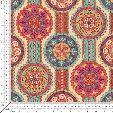 Krem Zemin Üzerine Geometrik Eskitme Yuvarlak Desenli Kumaş