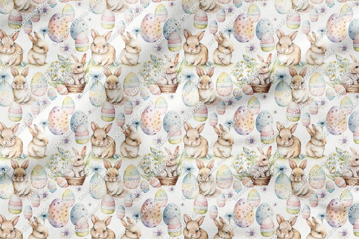 Happy Easter / Paskalya Sepet İçinde Sevimli Yumurta ve Tavşanlar Çok Amaçlı Dekoratif Tasarım Dijital Baskı Kumaş