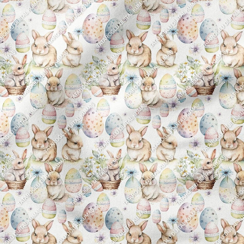 Happy Easter / Paskalya Sepet İçinde Sevimli Yumurta ve Tavşanlar Çok Amaçlı Dekoratif Tasarım Dijital Baskı Kumaş