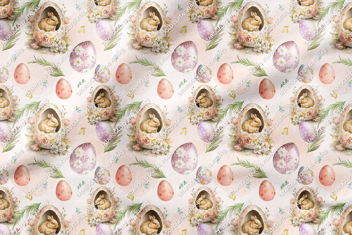 Happy Easter / Paskalya Çiçekli Yumurtalar İçinde Tavşanlar Çok Amaçlı Dekoratif Tasarım Dijital Baskı Kumaş
