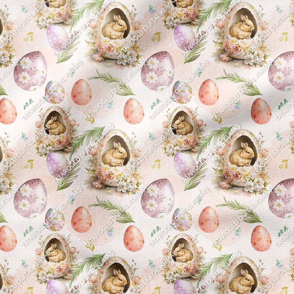 Happy Easter / Paskalya Çiçekli Yumurtalar İçinde Tavşanlar Çok Amaçlı Dekoratif Tasarım Dijital Baskı Kumaş