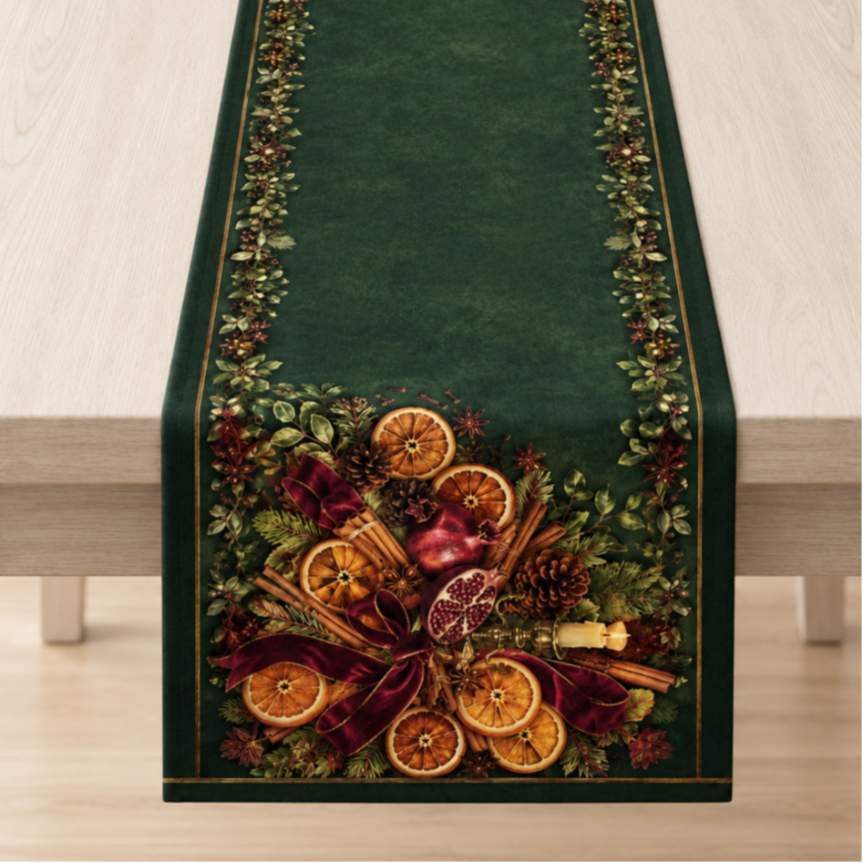 51x143 cm koyu yeşil zeminli, portakal, nar, tarçın, kozalak ve bordo kurdele desenli Yılbaşı Runner Paneli