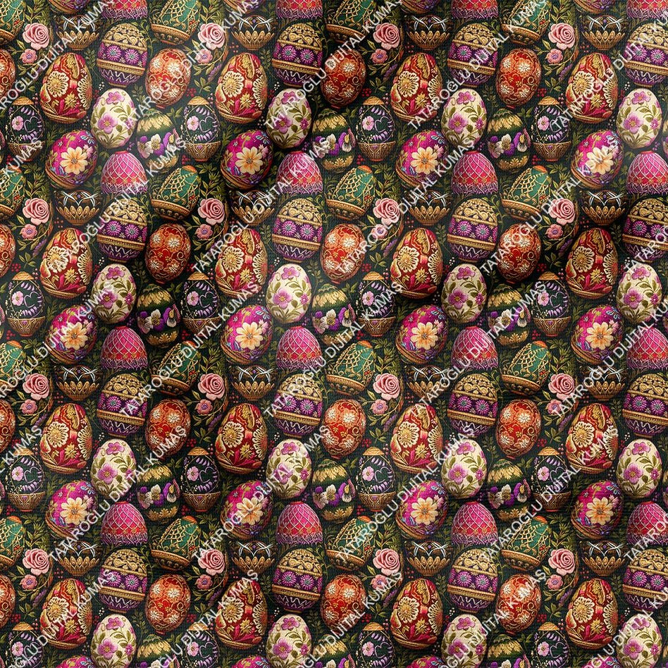 Happy Easter / Paskalya 3D Renkli Nakışlı Yumurtalar Çok Amaçlı Dekoratif Tasarım Dijital Baskı Kumaş