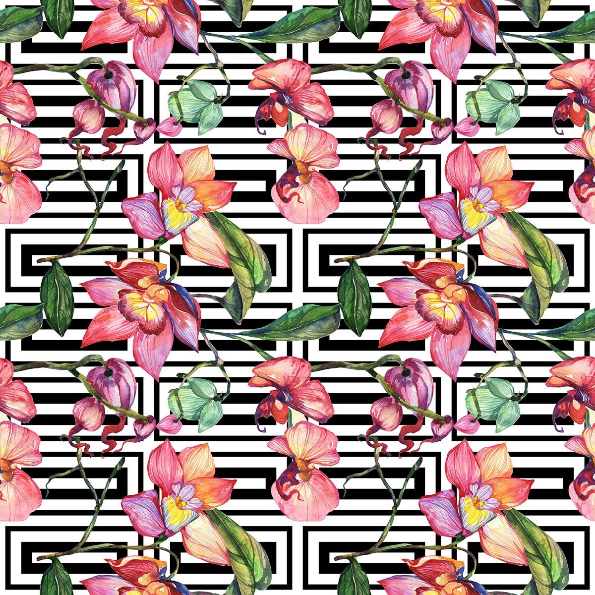 Geometrik Zemin Üzerine Pembe Tonlu Renkli Çiçekler Kumaş(SONBAHAR İNDİRİMİ)