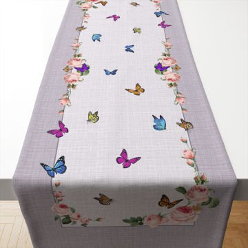 Keten Efektli Zeminli Kelebekli Güller Runner Dikilmemiş