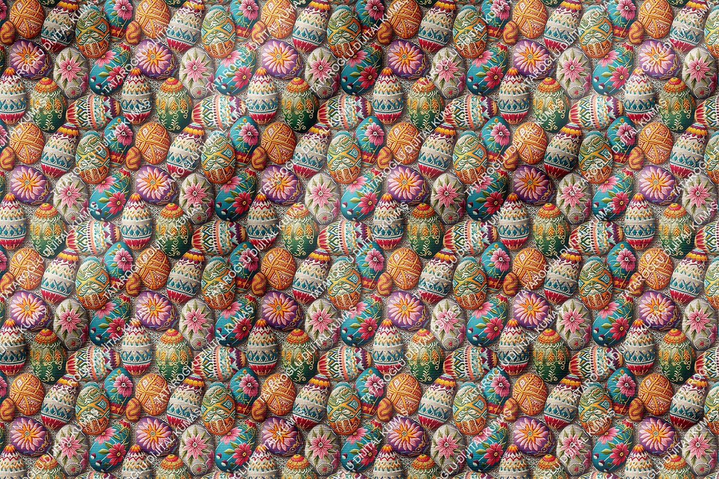 Happy Easter / Paskalya 3D Renkli Nakışlı İşlemeli Yumurtalar Çok Amaçlı Dekoratif Tasarım Dijital Baskı Kumaş