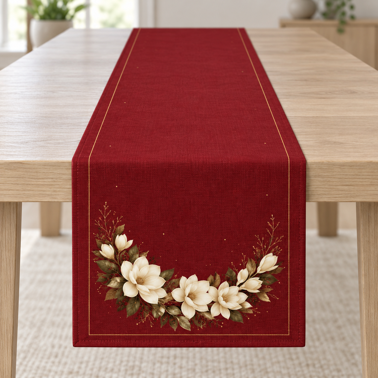 Kırmızı zeminde krem çiçekler ve altın detaylar bulunan Yılbaşı Runner Panelinin dikim sonrası masa üzerindeki örnek görünümü; ürün 51x143 cm dikilmem
