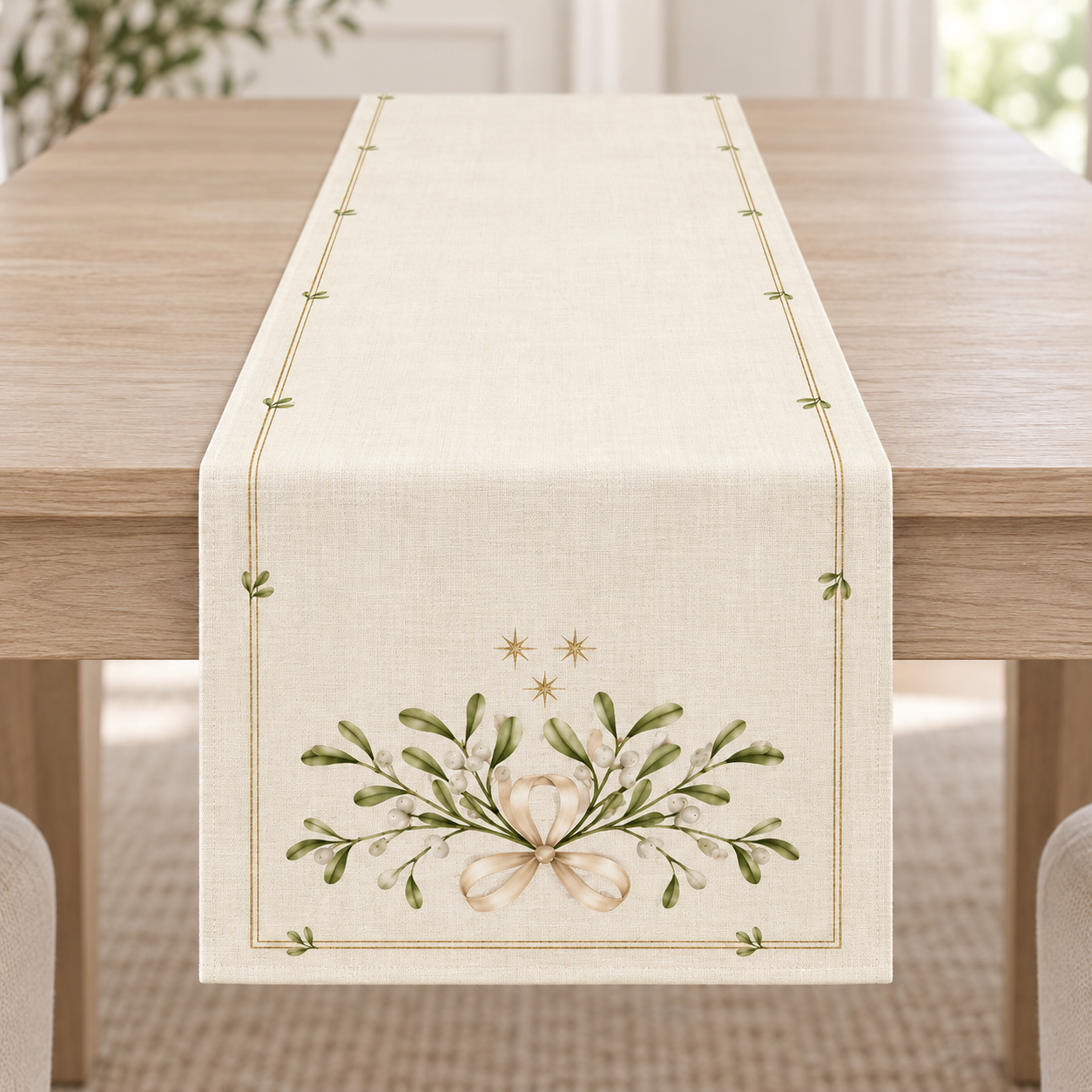Ekru zeminde krem kurdele, yeşil dallar, beyaz meyveler ve altın detaylar bulunan 51x143 cm dikilmemiş Yılbaşı Runner Paneli.