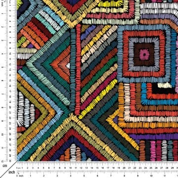 Siyah Zemin Üzerine Renkli Çizgili Geometrik Desenli Dijital Baskılı Kumaş