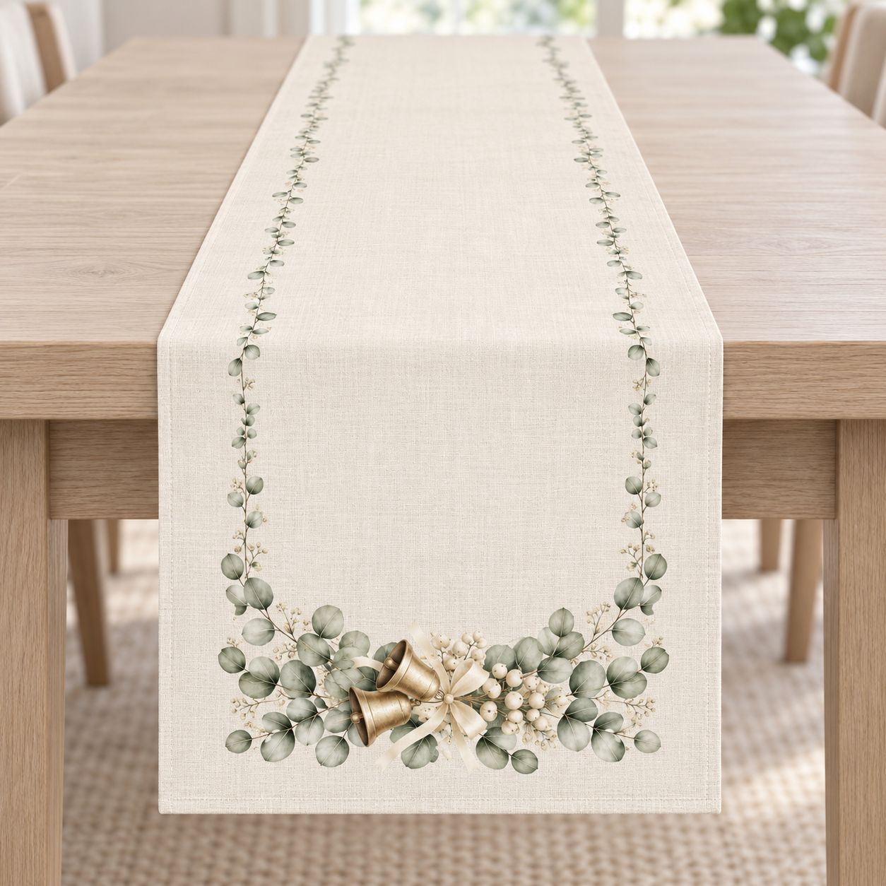 Ekru zeminde okaliptüs dalları, beyaz meyveler, krem kurdele ve altın çanlar bulunan 51x143 cm dikilmemiş Yılbaşı Runner Paneli.