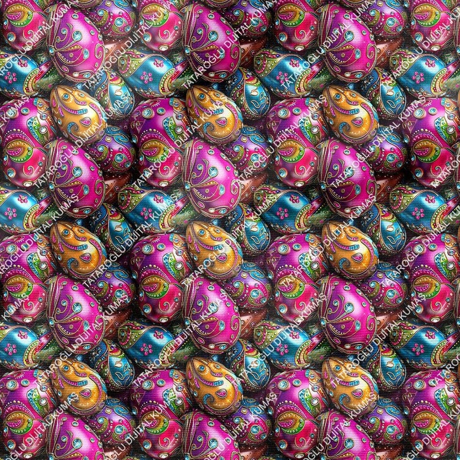 Happy Easter / Paskalya 3D Renkli Taşlı Yumurta Çok Amaçlı Dekoratif Tasarım Dijital Baskı Kumaş