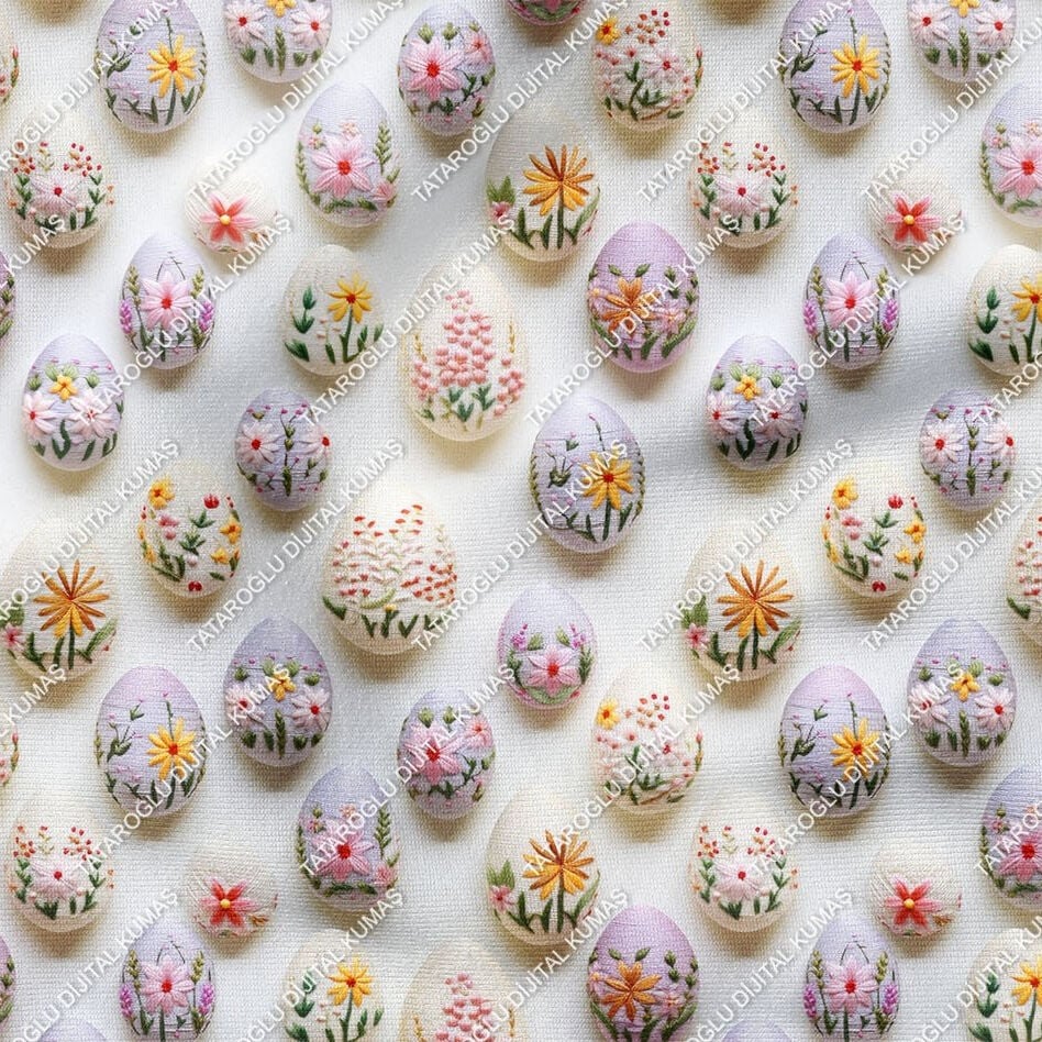 Happy Easter / Paskalya 3D Renkli Çiçekli Nakışlı Yumurtalar Çok Amaçlı Dekoratif Tasarım Dijital Baskı Kumaş