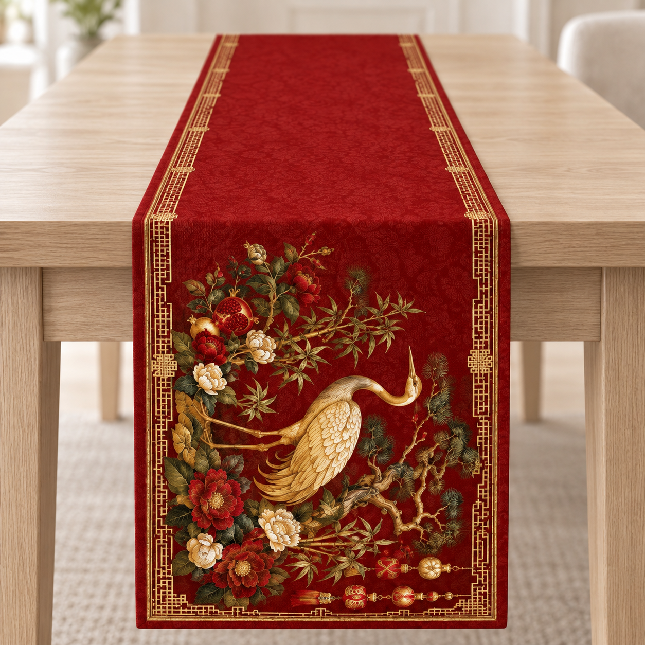 Kırmızı zeminde altın turna kuşları, çiçekler, narlar, botanik dallar ve gold bordür bulunan 51x143 cm dikilmemiş Turna Kuşlu Runner Paneli.